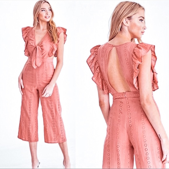 Pants - NEW! Ruffle Sleeve Open Back Cropped Jumpsuit